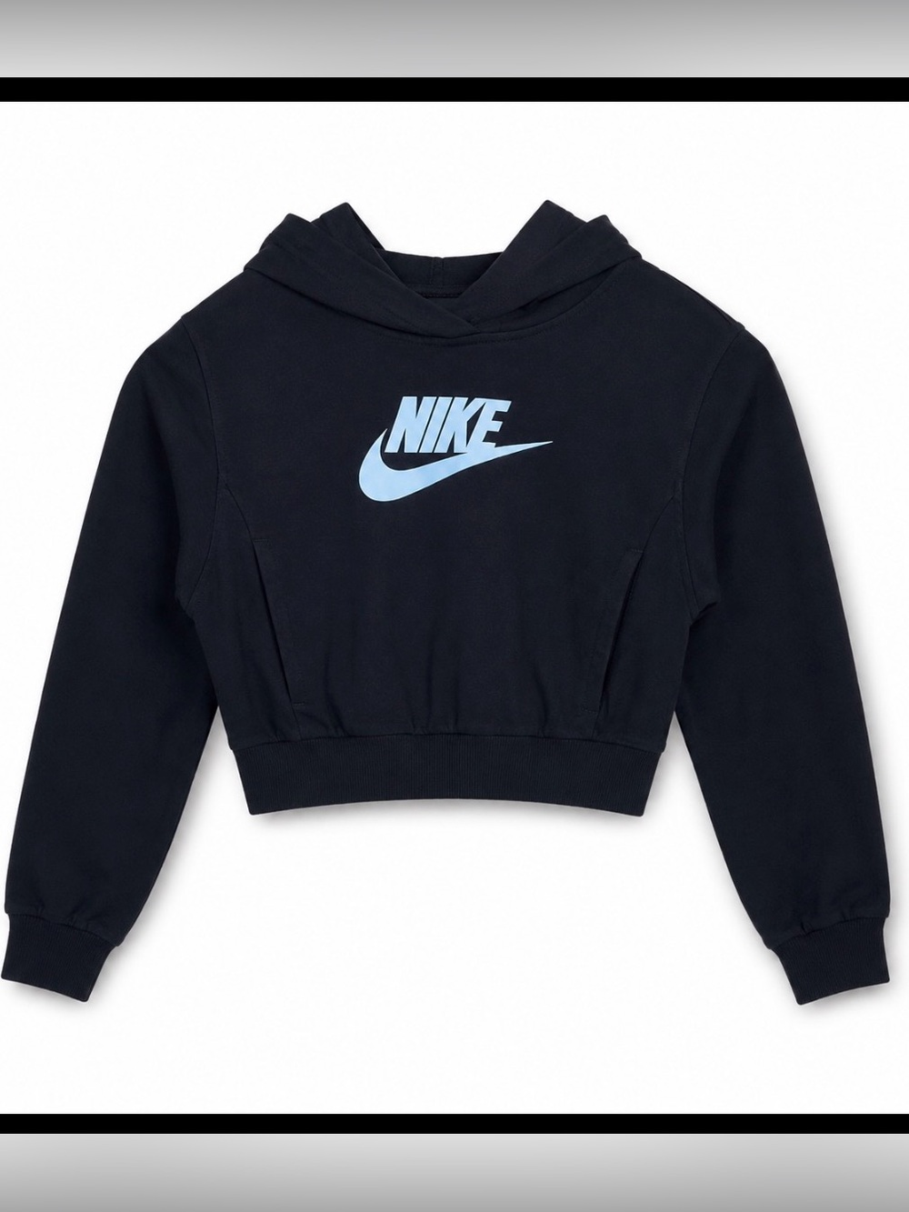 Girls Nike Black Cropped Hoodie with White Logo and Pockets